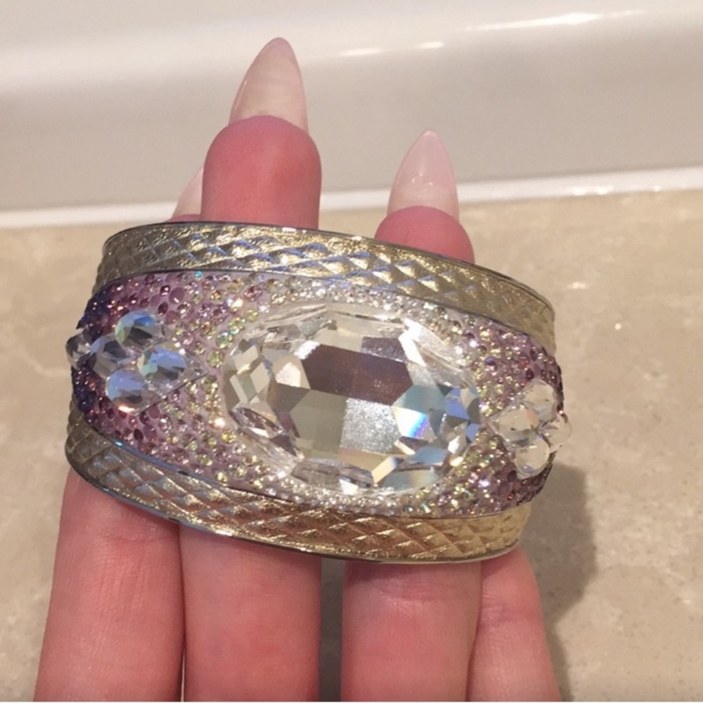 Swarovski Trema crystals Cuff Bangle Bracelet in Purple/Gold/Clear color in sz M